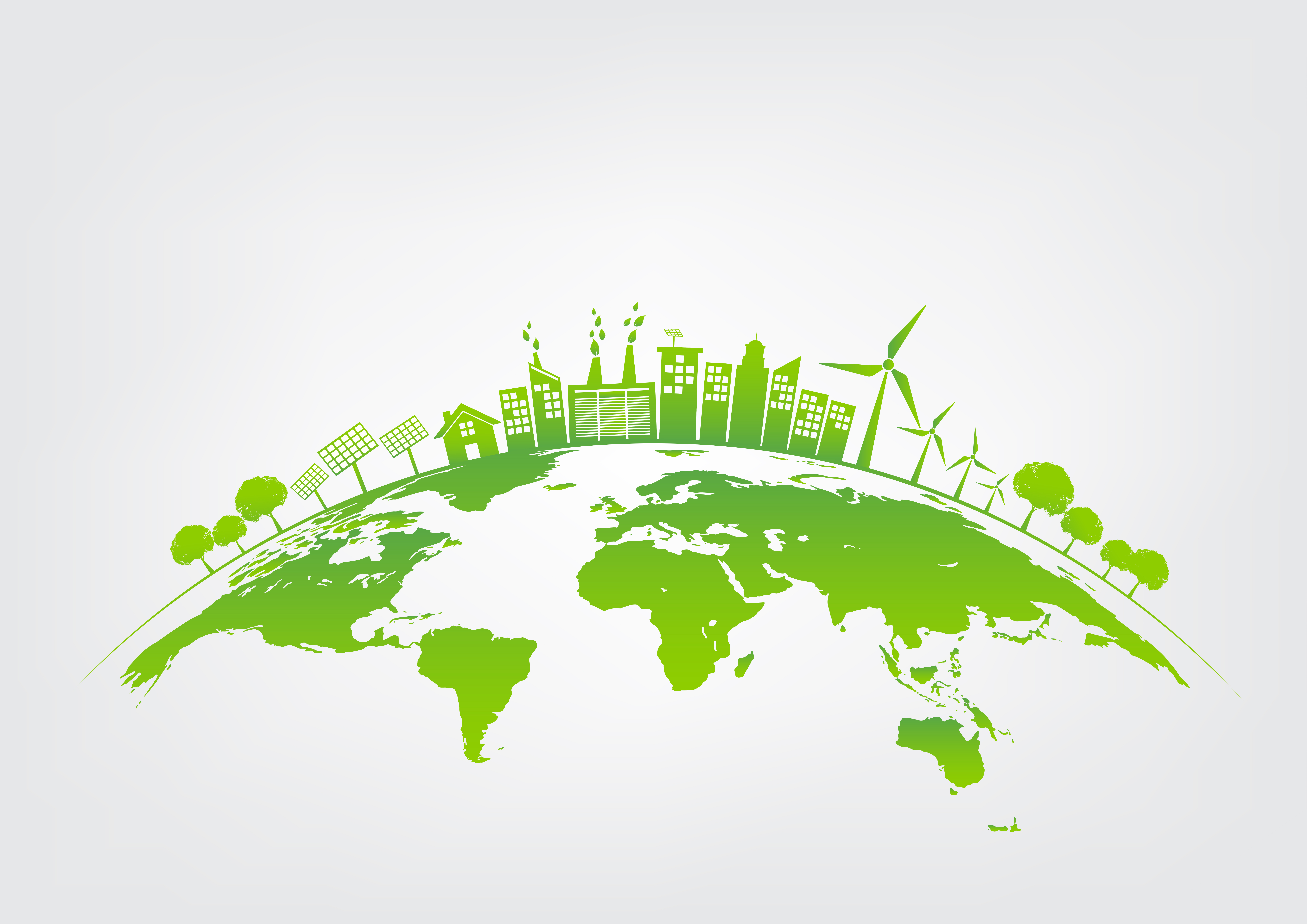 Green & white image of the world with wind turbines